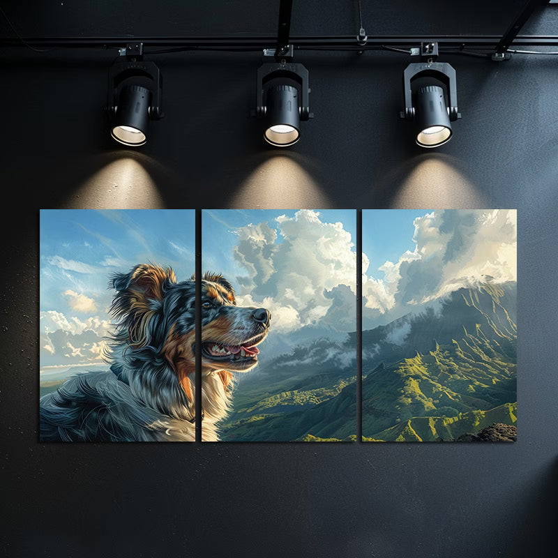 3pcs Australian Shepherd Dog Mountain View Wall Art Set Canvas Framed 50x70cm - High Quality Print 100% Australian Made Wall Canvas Ready to Hang