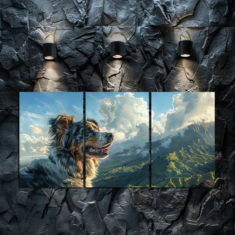 3pcs Australian Shepherd Dog Mountain View Wall Art Set Canvas Framed 50x70cm - High Quality Print 100% Australian Made Wall Canvas Ready to Hang