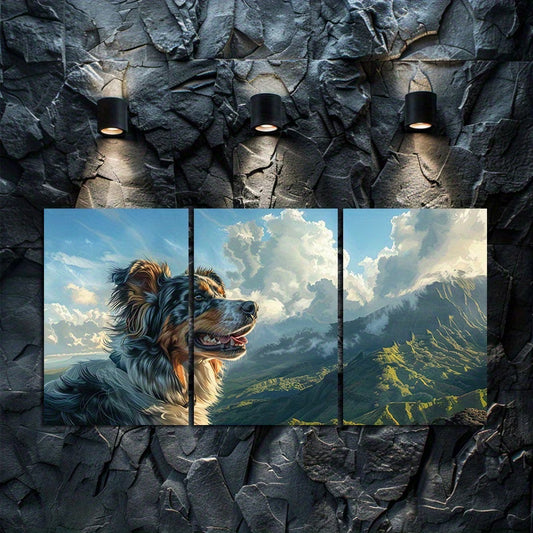 3pcs Australian Shepherd Dog Mountain View Wall Art Set Canvas Framed 60x90cm - High Quality Print 100% Australian Made Wall Canvas Ready to Hang