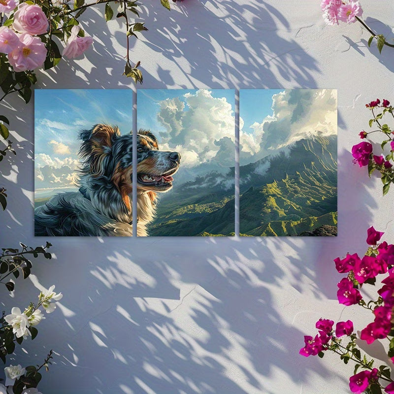 3pcs Australian Shepherd Dog Mountain View Wall Art Set Canvas Framed 40x60cm - High Quality Print 100% Australian Made Wall Canvas Ready to Hang - Bella Home Decor