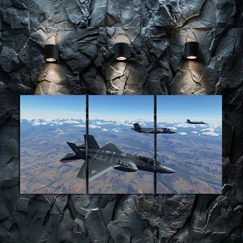 3pcs Photo of An F35 and N Ma Package Flying Wall Art Set Canvas Framed 50x70cm - High Quality Print 100% Australian Made Wall Canvas Ready to Hang