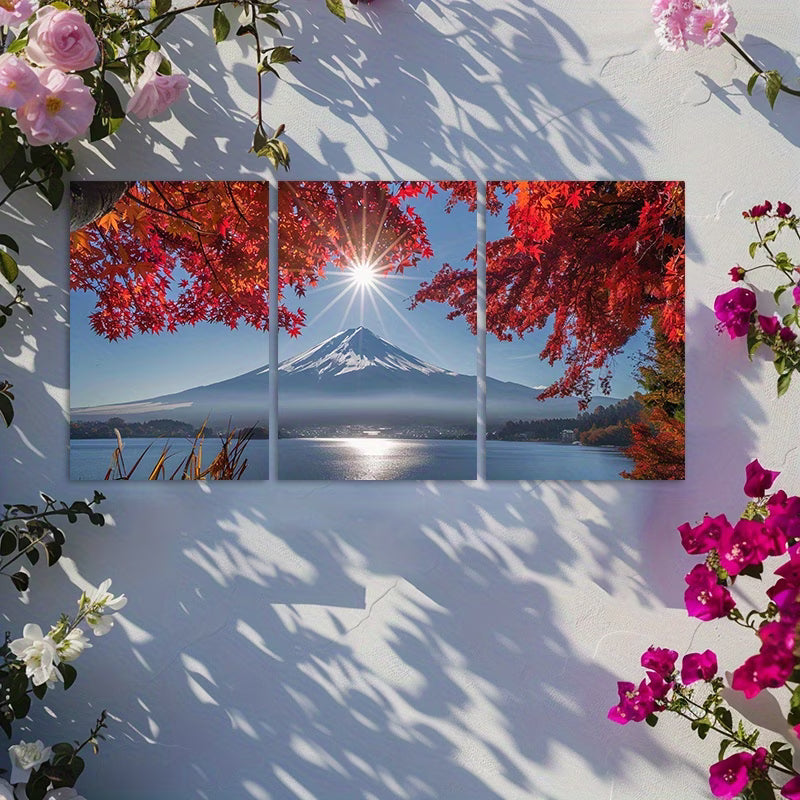 3pcs Mount Fuji with Red Maple Leaves Wall Art Set Canvas Framed 40x60cm - High Quality Print 100% Australian Made Wall Canvas Ready to Hang
