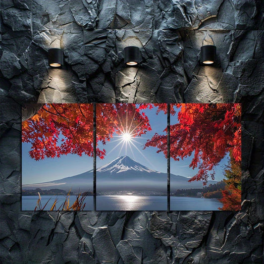 3pcs Mount Fuji with Red Maple Leaves Wall Art Set Canvas Framed 50x70cm - High Quality Print 100% Australian Made Wall Canvas Ready to Hang