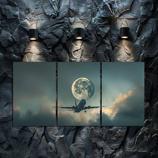 3pcs Airplane and Full Moon Over Clouds Wall Art Set Canvas Framed 60x90cm - High Quality Print 100% Australian Made Wall Canvas Ready to Hang