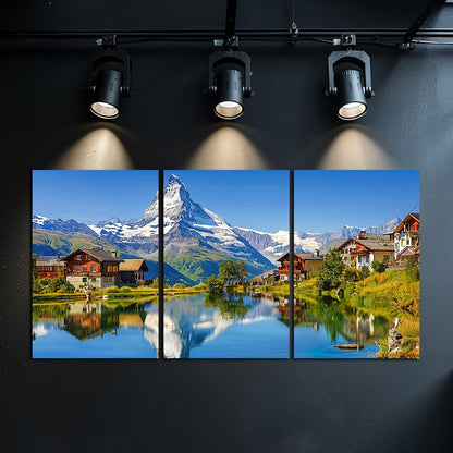 3pcs Swiss Alps Mountain Lake Scenery Landscape Wall Art Set Canvas Framed 60x90cm - High Quality Print 100% Australian Made Wall Canvas Ready to Hang