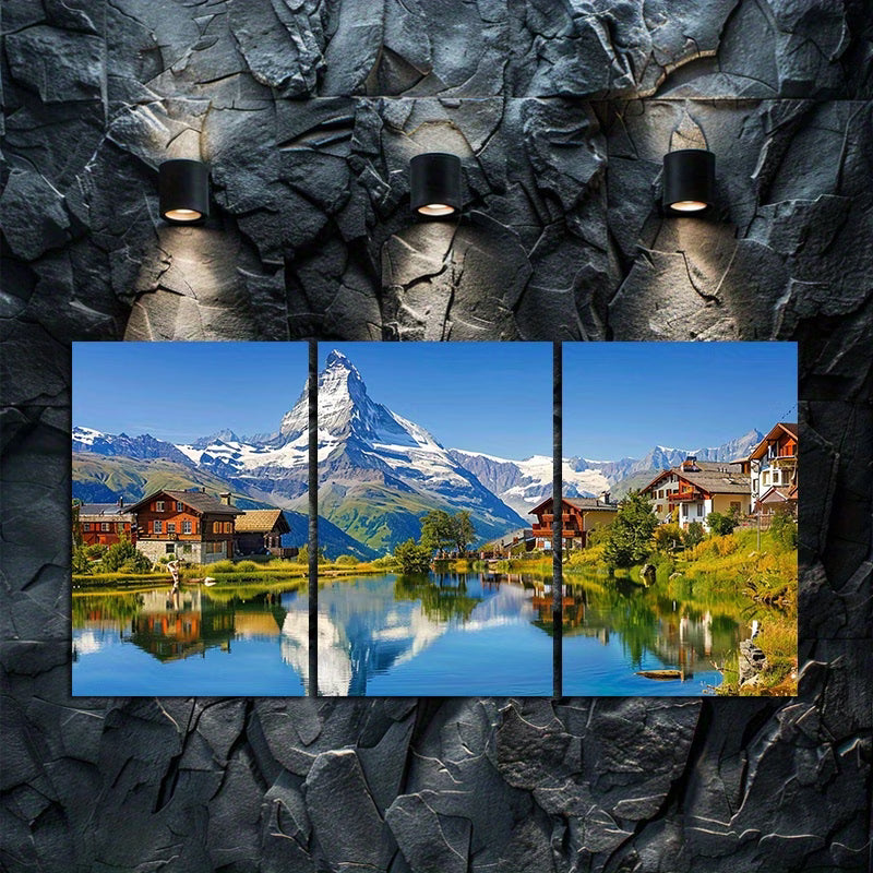 3pcs Swiss Alps Mountain Lake Scenery Landscape Wall Art Set Canvas Framed 40x60cm - High Quality Print 100% Australian Made Wall Canvas Ready to Hang