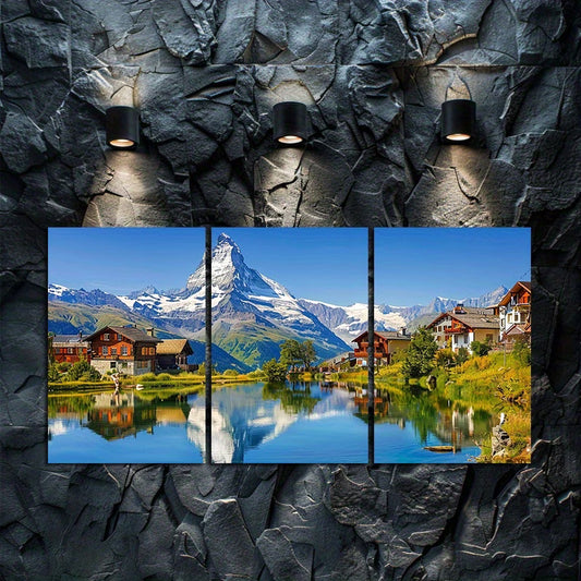 3pcs Swiss Alps Mountain Lake Scenery Landscape Wall Art Set Canvas Framed 50x70cm - High Quality Print 100% Australian Made Wall Canvas Ready to Hang