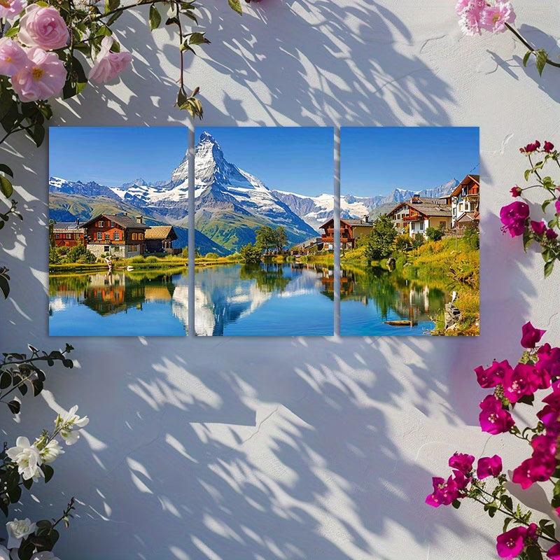 3pcs Swiss Alps Mountain Lake Scenery Landscape Wall Art Set Canvas Framed 60x90cm - High Quality Print 100% Australian Made Wall Canvas Ready to Hang