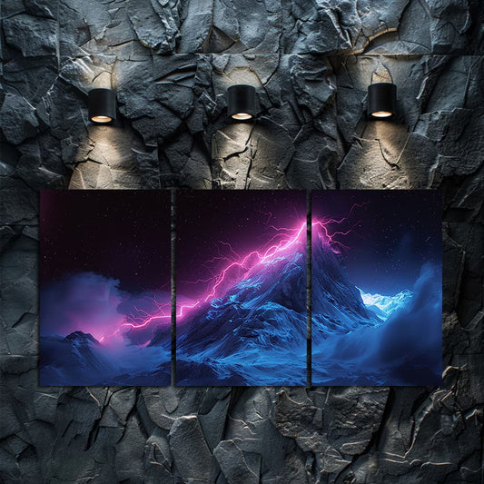 3pcs Pink Lightning Bolt & Ice-Covered Mountain Wall Art Set Canvas Framed 50x70cm - High Quality Print 100% Australian Made Wall Canvas Ready to Hang