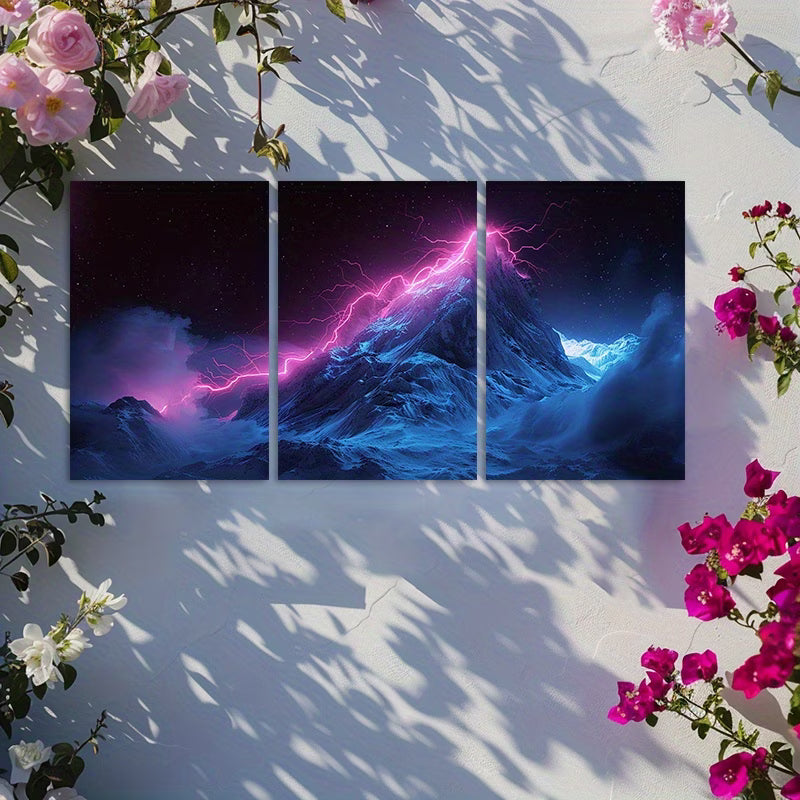 3pcs Pink Lightning Bolt & Ice-Covered Mountain Wall Art Set Canvas Framed 50x70cm - High Quality Print 100% Australian Made Wall Canvas Ready to Hang