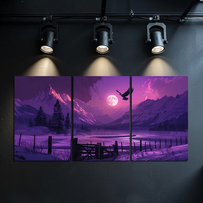 3pcs Purple and Sunset Over The Snowcapped Mount Wall Art Set Canvas Framed 50x70cm - High Quality Print 100% Australian Made Wall Canvas Ready to Hang