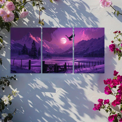 3pcs Purple and Sunset Over The Snowcapped Mount Wall Art Set Canvas Framed 40x60cm - High Quality Print 100% Australian Made Wall Canvas Ready to Hang