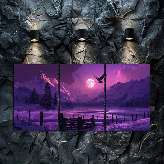 3pcs Purple and Sunset Over The Snowcapped Mount Wall Art Set Canvas Framed 60x90cm - High Quality Print 100% Australian Made Wall Canvas Ready to Hang