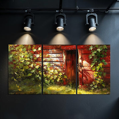 3pcs Charming Red Wooden Cabin & Green Vines Wall Art Set Canvas Framed 50x70cm - High Quality Print 100% Australian Made Wall Canvas Ready to Hang