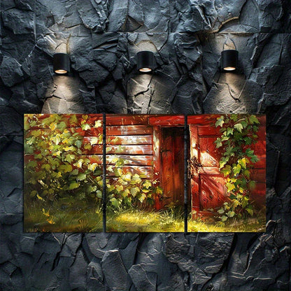 3pcs Charming Red Wooden Cabin & Green Vines Wall Art Set Canvas Framed 50x70cm - High Quality Print 100% Australian Made Wall Canvas Ready to Hang