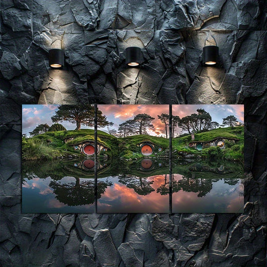 3pcs Serene Twilight Shire Reflection Scene Wall Art Set Canvas Framed 50x70cm - High Quality Print 100% Australian Made Wall Canvas Ready to Hang