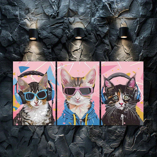 3pcs Cyberpunk Kittens DJ Cat Trio Pop Art Wall Art Set Canvas Framed 40x60cm - High Quality Print 100% Australian Made Wall Canvas Ready to Hang