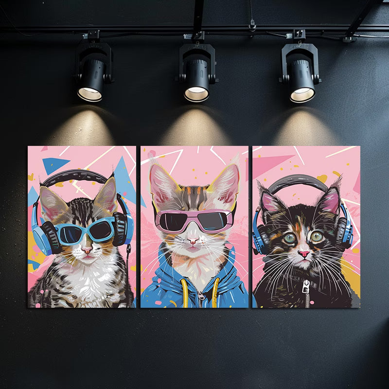 3pcs Cyberpunk Kittens DJ Cat Trio Pop Art Wall Art Set Canvas Framed 60x90cm - High Quality Print 100% Australian Made Wall Canvas Ready to Hang - Bella Home Decor
