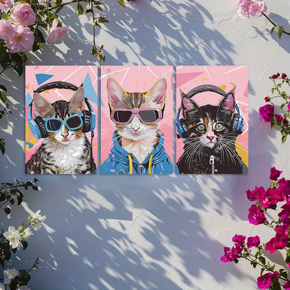 3pcs Cyberpunk Kittens DJ Cat Trio Pop Art Wall Art Set Canvas Framed 60x90cm - High Quality Print 100% Australian Made Wall Canvas Ready to Hang - Bella Home Decor