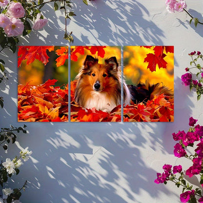 3pcs Shetland Sheepdog Laying in Pile of Leaves Wall Art Set Canvas Framed 60x90cm - High Quality Print 100% Australian Made Wall Canvas Ready to Hang