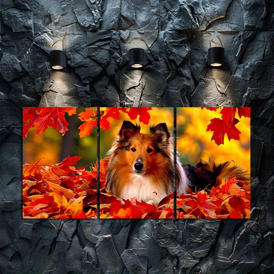3pcs Shetland Sheepdog Laying in Pile of Leaves Wall Art Set Canvas Framed 50x70cm - High Quality Print 100% Australian Made Wall Canvas Ready to Hang
