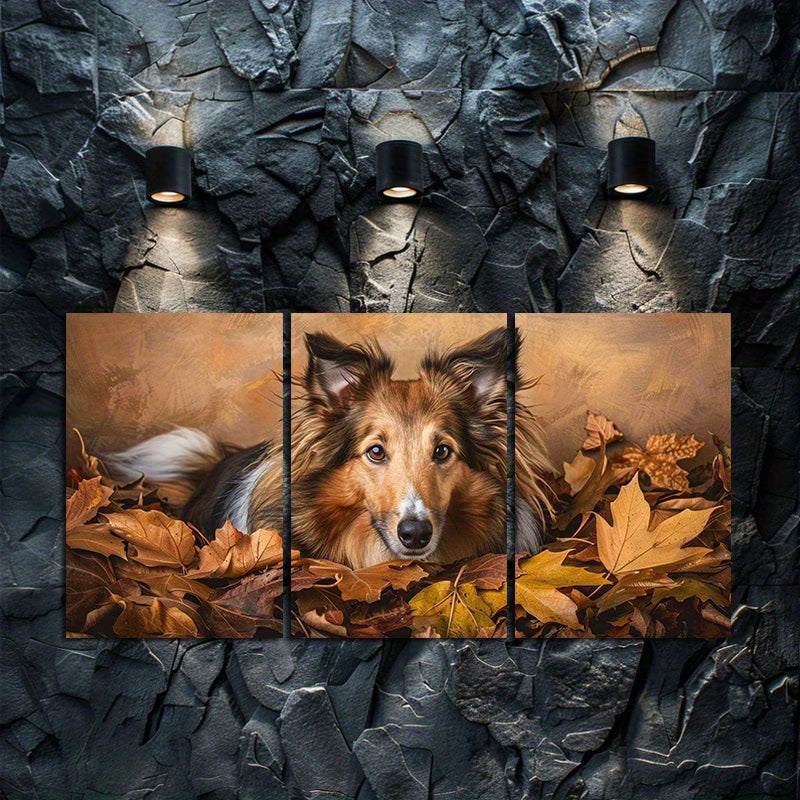 3pcs Shetland Sheepdog & Autumn Leaves Wall Art Set Canvas Framed 40x60cm - High Quality Print 100% Australian Made Wall Canvas Ready to Hang
