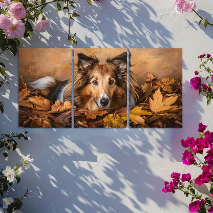 3pcs Shetland Sheepdog & Autumn Leaves Wall Art Set Canvas Framed 60x90cm - High Quality Print 100% Australian Made Wall Canvas Ready to Hang