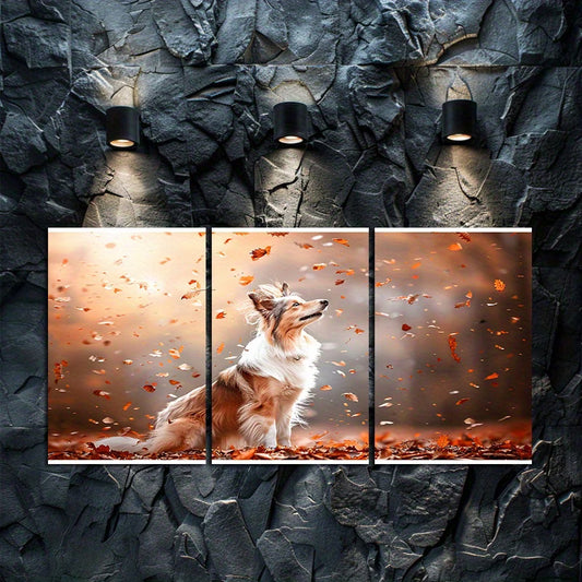 3pcs Shetland Sheepdog in Autumn Leaves Wall Art Set Canvas Framed 50x70cm - High Quality Print 100% Australian Made Wall Canvas Ready to Hang