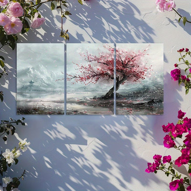 3pcs Single Cherry Blossom Tree in Full Bloom Wall Art Set Canvas Framed 60x90cm - High Quality Print 100% Australian Made Wall Canvas Ready to Hang
