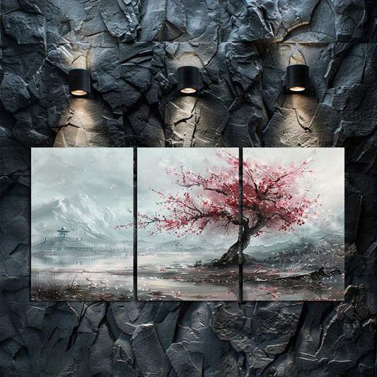 3pcs Single Cherry Blossom Tree in Full Bloom Wall Art Set Canvas Framed 60x90cm - High Quality Print 100% Australian Made Wall Canvas Ready to Hang