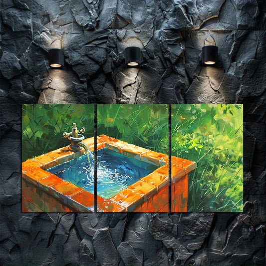 3pcs Small Square Water Tank with Orange Tiles Wall Art Set Canvas Framed 60x90cm - High Quality Print 100% Australian Made Wall Canvas Ready to Hang
