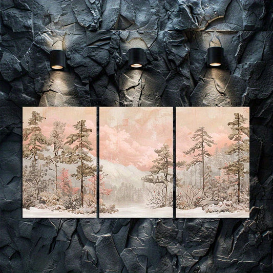 3pcs Snow-Covered Pine Forest Wall Art Set Canvas Framed 50x70cm - High Quality Print 100% Australian Made Wall Canvas Ready to Hang