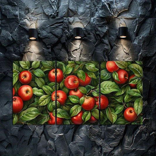 3pcs Charming Red Apple & Green Leaf Tree Wall Art Set Canvas Framed 60x90cm - High Quality Print 100% Australian Made Wall Canvas Ready to Hang