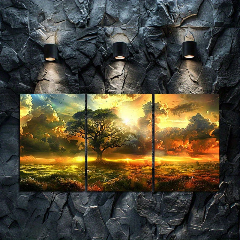3pcs Tree in The Middle of An Open Field Wall Art Set Canvas Framed 50x70cm - High Quality Print 100% Australian Made Wall Canvas Ready to Hang