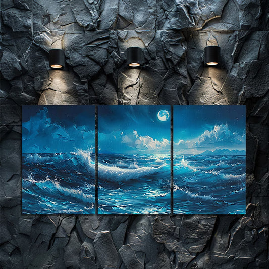 3pcs Ocean Wave Seascape Moonlit Sea Wall Art Set Canvas Framed 40x60cm - High Quality Print 100% Australian Made Wall Canvas Ready to Hang