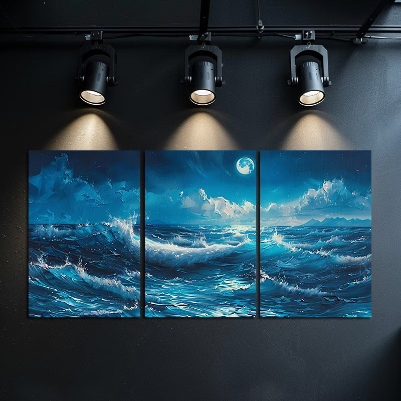 3pcs Ocean Wave Seascape Moonlit Sea Wall Art Set Canvas Framed 40x60cm - High Quality Print 100% Australian Made Wall Canvas Ready to Hang