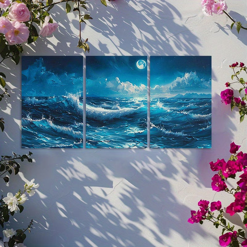 3pcs Ocean Wave Seascape Moonlit Sea Wall Art Set Canvas Framed 40x60cm - High Quality Print 100% Australian Made Wall Canvas Ready to Hang