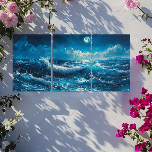 3pcs Ocean Wave Seascape Moonlit Sea Wall Art Set Canvas Framed 50x70cm - High Quality Print 100% Australian Made Wall Canvas Ready to Hang