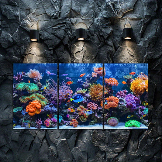 3pcs Vibrant Coral Reef Aquarium with Fish Wall Art Set Canvas Framed 60x90cm - High Quality Print 100% Australian Made Wall Canvas Ready to Hang