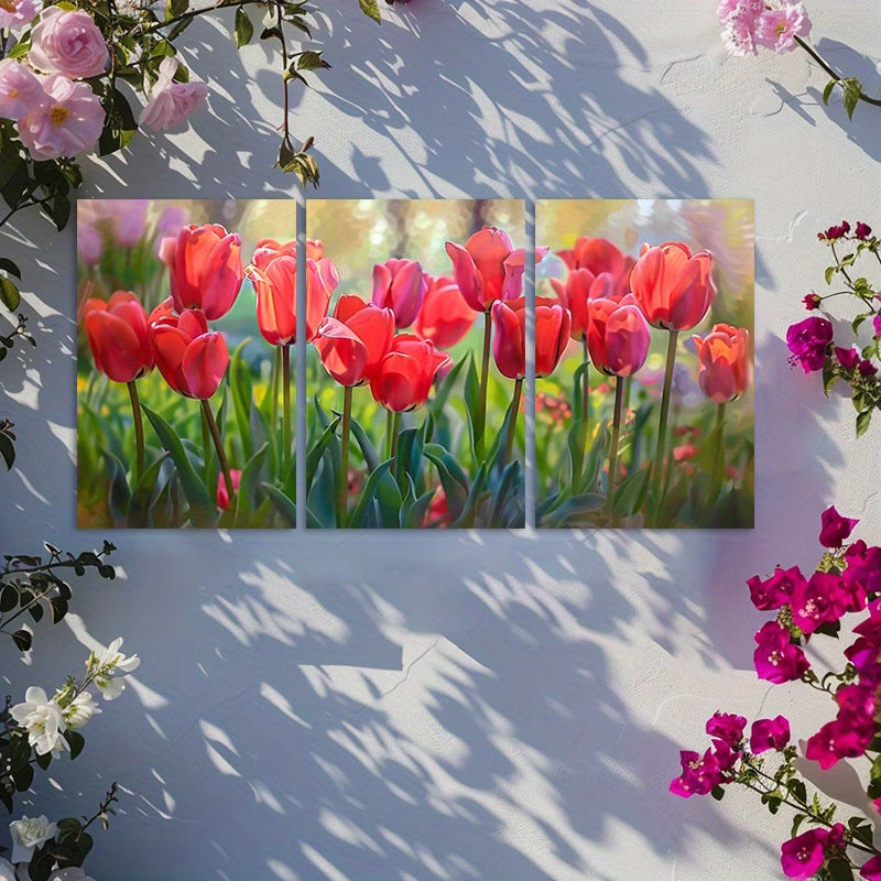 3pcs Vibrant Display of Red Tulips in Full Bloom Wall Art Set Canvas Framed 40x60cm - High Quality Print 100% Australian Made Wall Canvas Ready to Hang