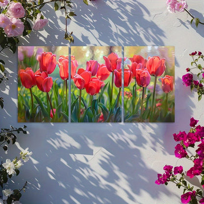 3pcs Vibrant Display of Red Tulips in Full Bloom Wall Art Set Canvas Framed 40x60cm - High Quality Print 100% Australian Made Wall Canvas Ready to Hang