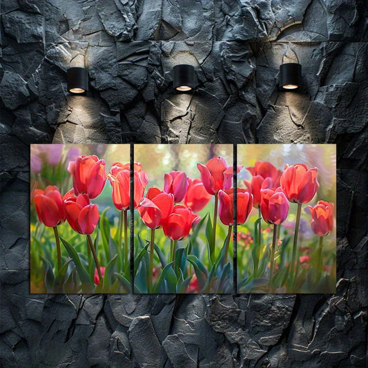 3pcs Vibrant Display of Red Tulips in Full Bloom Wall Art Set Canvas Framed 60x90cm - High Quality Print 100% Australian Made Wall Canvas Ready to Hang