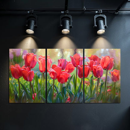 3pcs Vibrant Display of Red Tulips in Full Bloom Wall Art Set Canvas Framed 40x60cm - High Quality Print 100% Australian Made Wall Canvas Ready to Hang