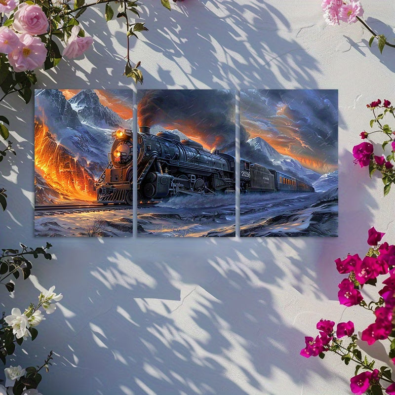 3pcs Vivid Mountain Landscape with Train Wall Art Set Canvas Framed 40x60cm - High Quality Print 100% Australian Made Wall Canvas Ready to Hang