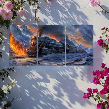 3pcs Vivid Mountain Landscape with Train Wall Art Set Canvas Framed 40x60cm - High Quality Print 100% Australian Made Wall Canvas Ready to Hang