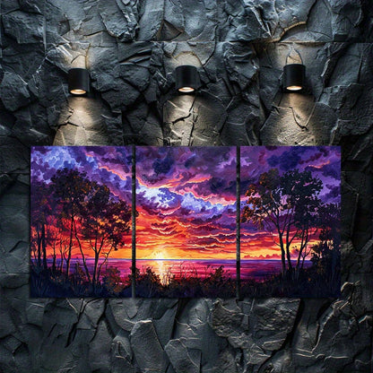 3pcs Vibrant Red and Purple Scenery Sunset Lake Wall Art Set Canvas Framed 50x70cm - High Quality Print 100% Australian Made Wall Canvas Ready to Hang