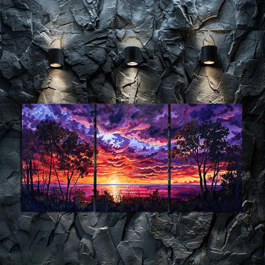3pcs Vibrant Red and Purple Scenery Sunset Lake Wall Art Set Canvas Framed 60x90cm - High Quality Print 100% Australian Made Wall Canvas Ready to Hang