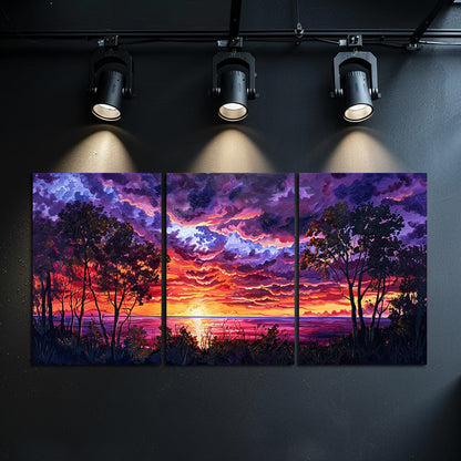 3pcs Vibrant Red and Purple Scenery Sunset Lake Wall Art Set Canvas Framed 40x60cm - High Quality Print 100% Australian Made Wall Canvas Ready to Hang