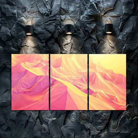 3pcs Modern Polygons in Yellow and Pink Abstract Wall Art Set Canvas Framed 60x90cm - High Quality Print 100% Australian Made Wall Canvas Ready to Hang