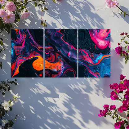 3pcs Abstract Swirls in Neon Red Orange & Violet Wall Art Set Canvas Framed 50x70cm - High Quality Print 100% Australian Made Wall Canvas Ready to Hang